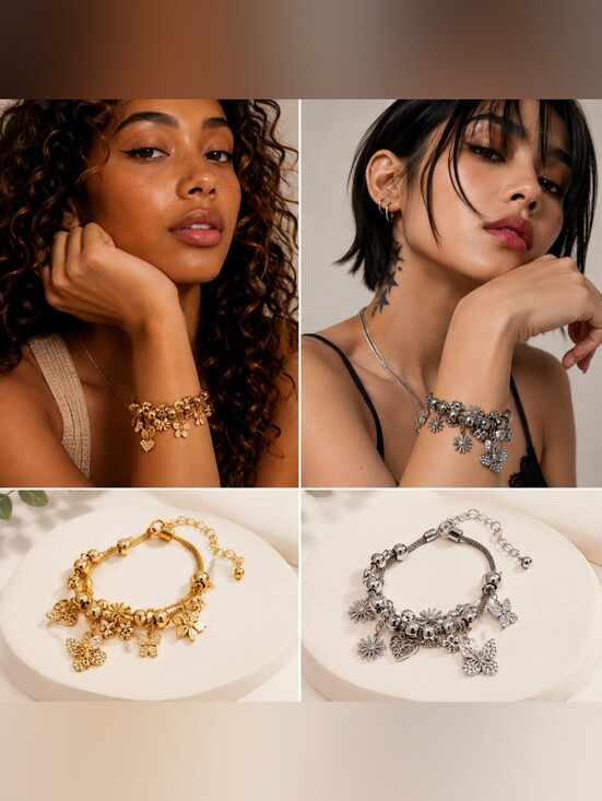Heart Love Clover Sunflower Jewelry - NWT 2 Butterfly & Floral Charm Bracelets Crystal Set Gold & Silver Tone